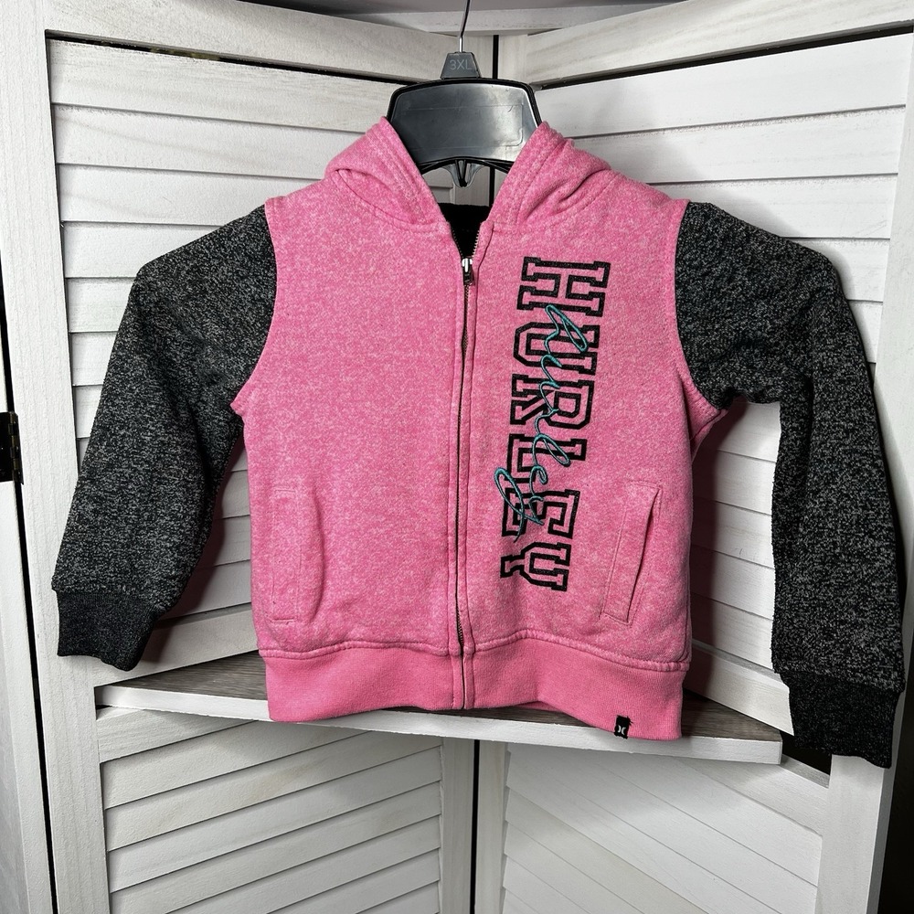 Hurley Girls Double Layer Zip Up Hoodie Size 4/5 Pink & Black Very Good Cond.